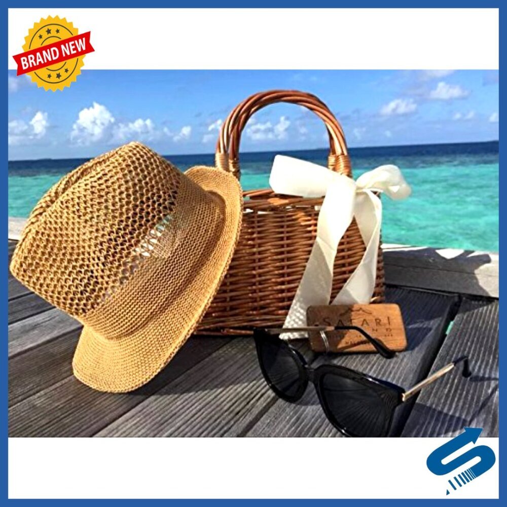 Natural Wicker Handbag Rectangular Tote Chic Vintage Straw Purse Top Handle - Picture 3 of 5
